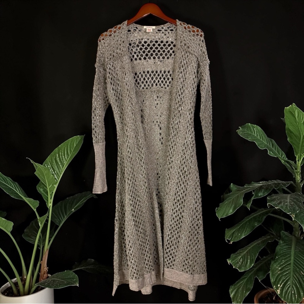 Sundance Long Brown Wool Mohair Crochet Open Knit Boho Duster Cardigan XS